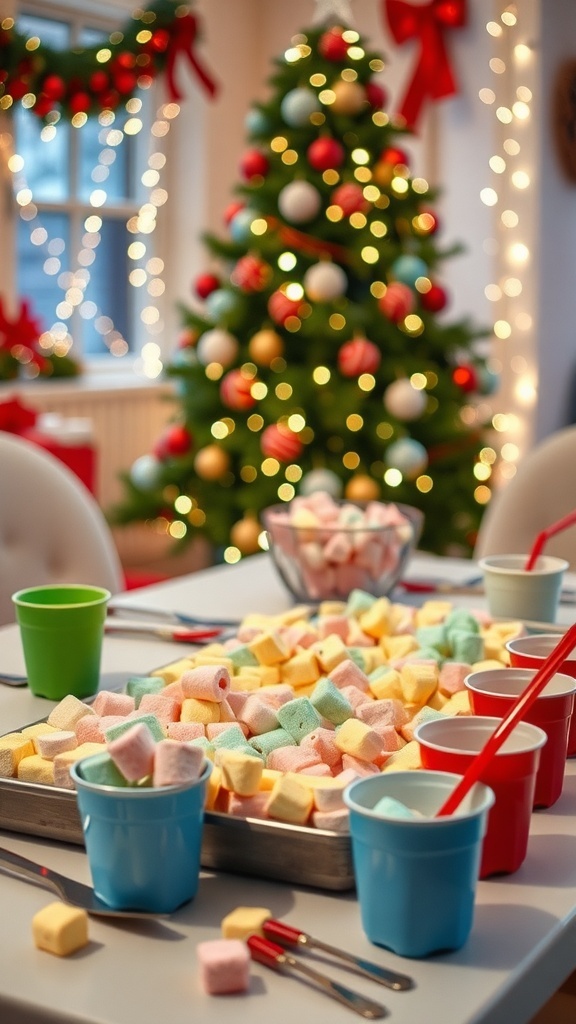 A table with marshmallows and game materials for Christmas games, decorated with holiday lights.